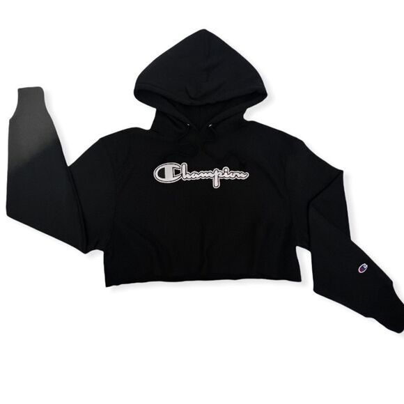 Champion Black Reverse Weave Embroidered Cropped Hoodie Sweatshirt - Picture 1 of 12